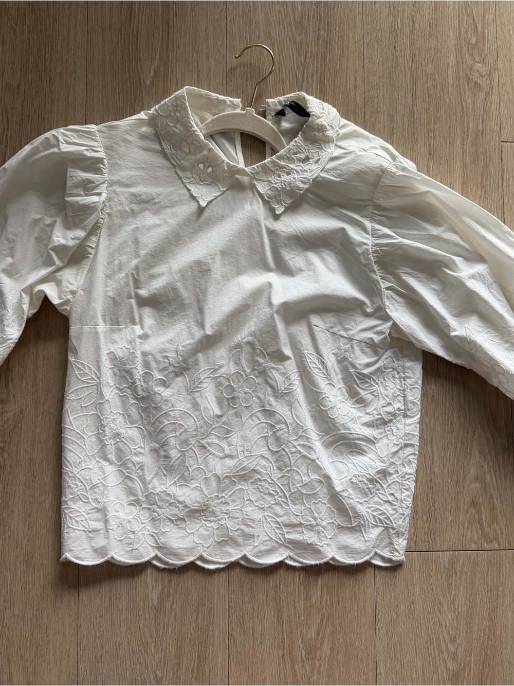 Zara White Embroidered Blouse with Peter Pan Collar